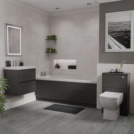 Wholesale Domestic Kendel 1700mm x 750mm Straight Single Ended Bathroom Suite including Graphite Grey Furniture Set with Slim Edge Basin