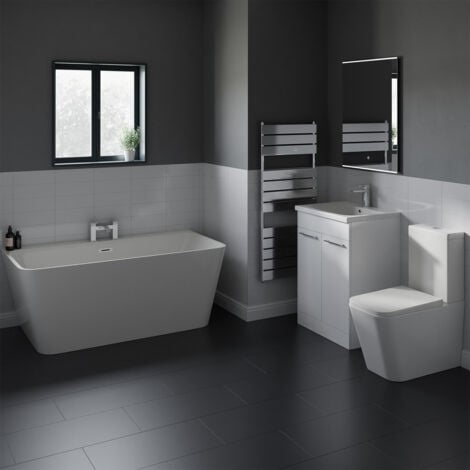 Wholesale Domestic Knox 1700mm Double Ended Back to Wall Freestanding Bathroom Suite including Gloss White Vanity Unit with Polished Chrome Handles