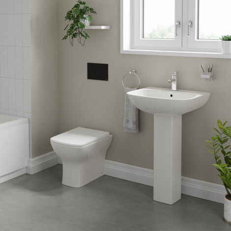 Wholesale Domestic Lyon 545mm Full Pedestal Basin and Back to Wall Toilet Suite with High In Wall Concealed Cistern and Black Flush Plate