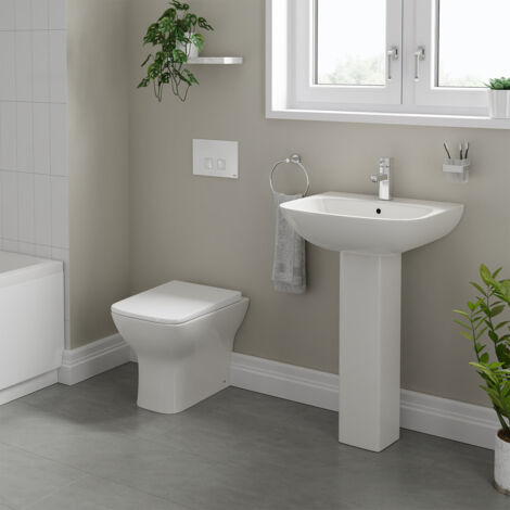 Wholesale Domestic Lyon 545mm Full Pedestal Basin and Back to Wall Toilet Suite with High In Wall Concealed Cistern and White Flush Plate
