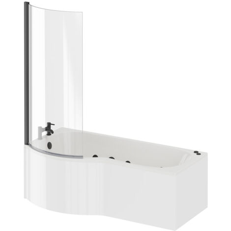 Wholesale Domestic Plage 1700mm 6 Jet Matt Black V-Tec Left Hand P Shaped Whirlpool Shower Bath with Bath Screen and Front Bath Panel