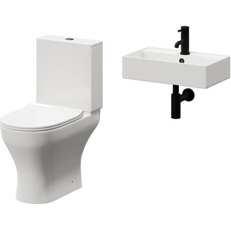 Wholesale Domestic Tomar 505mm Wall Hung Basin and Toilet Suite including Round Matt Black Bottle Trap and Open Back Toilet