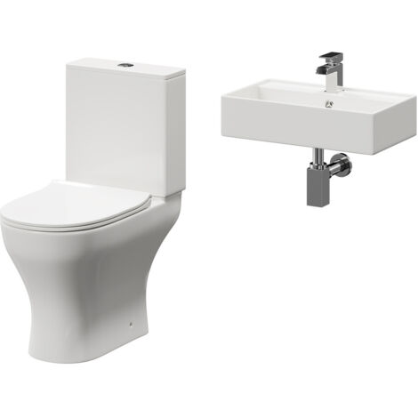 Wholesale Domestic Tomar 505mm Wall Hung Basin and Toilet Suite including Square Polished Chrome Bottle Trap and Open Back Toilet