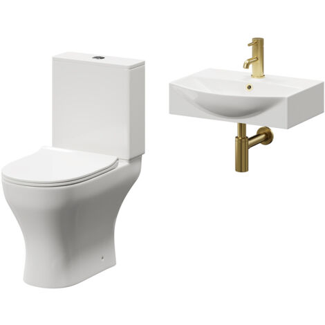 Wholesale Domestic Tondela 500mm Wall Hung Basin and Toilet Suite including Round Brushed Brass Bottle Trap and Open Back Toilet
