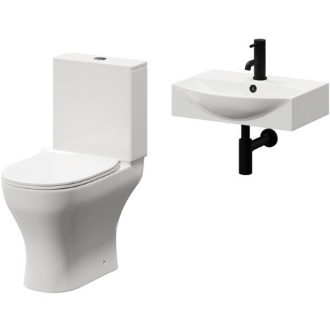 Wholesale Domestic Tondela 500mm Wall Hung Basin and Toilet Suite including Round Matt Black Bottle Trap and Open Back Toilet