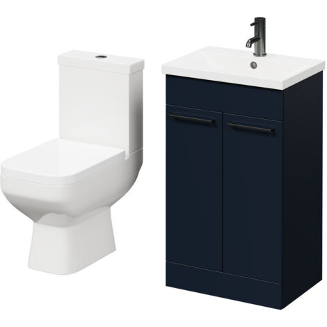 Wholesale Domestic Turin Deep Blue 500mm Floor Standing Vanity Unit and Toilet Suite with 1 Tap Hole Basin and 2 Doors with Gunmetal Grey Handles