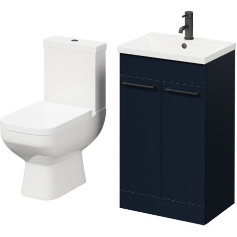 Wholesale Domestic Turin Deep Blue 500mm Floor Standing Vanity Unit and Toilet Suite with 1 Tap Hole Basin and 2 Doors with Matt Black Handles