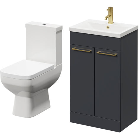 Wholesale Domestic Turin Gloss Grey 500mm Floor Standing Vanity Unit and Toilet Suite with 1 Tap Hole Basin and 2 Doors with Brushed Brass Handles