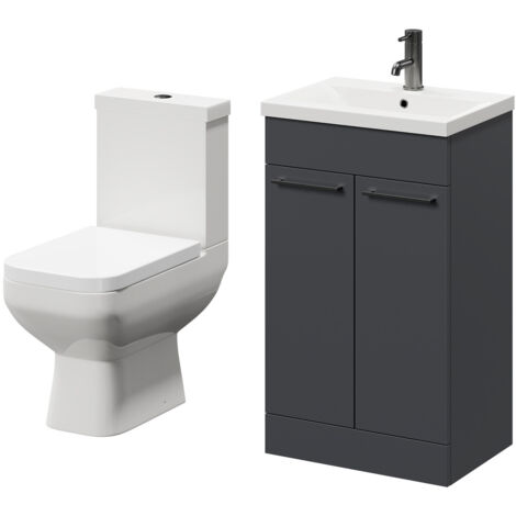 Wholesale Domestic Turin Gloss Grey 500mm Floor Standing Vanity Unit and Toilet Suite with 1 Tap Hole Basin and 2 Doors with Gunmetal Grey Handles