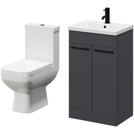 Wholesale Domestic Turin Gloss Grey 500mm Floor Standing Vanity Unit and Toilet Suite with 1 Tap Hole Basin and 2 Doors with Matt Black Handles