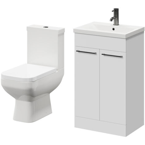 Wholesale Domestic Turin Gloss White 500mm Floor Standing Vanity Unit and Toilet Suite with 1 Tap Hole Basin and 2 Doors with Gunmetal Grey Handles