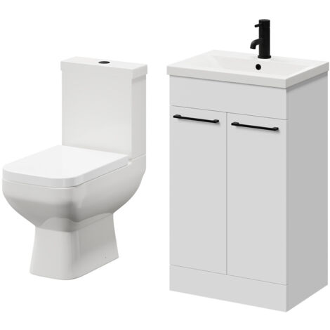 Wholesale Domestic Turin Gloss White 500mm Floor Standing Vanity Unit and Toilet Suite with 1 Tap Hole Basin and 2 Doors with Matt Black Handles
