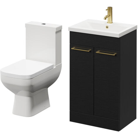 Wholesale Domestic Turin Nero Oak 500mm Floor Standing Vanity Unit and Toilet Suite with 1 Tap Hole Basin and 2 Doors with Brushed Brass Handles