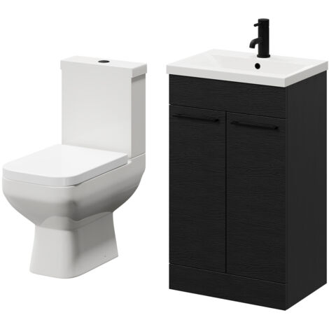Wholesale Domestic Turin Nero Oak 500mm Floor Standing Vanity Unit and Toilet Suite with 1 Tap Hole Basin and 2 Doors with Matt Black Handles