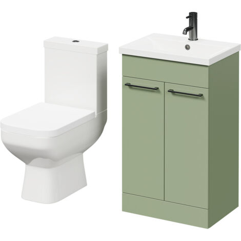 Wholesale Domestic Turin Olive Green 500mm Floor Standing Vanity Unit and Toilet Suite with 1 Tap Hole Basin and 2 Doors with Gunmetal Grey Handles