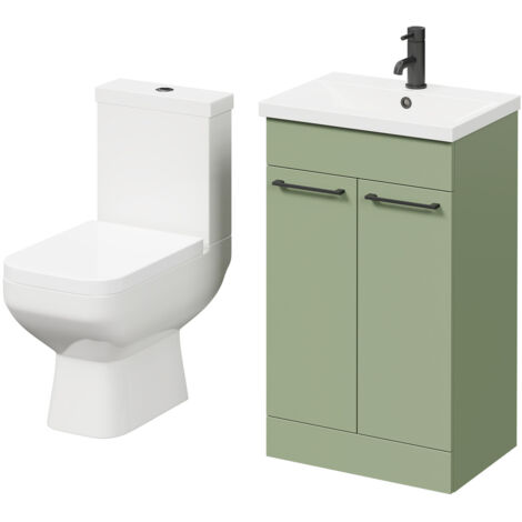 Wholesale Domestic Turin Olive Green 500mm Floor Standing Vanity Unit and Toilet Suite with 1 Tap Hole Basin and 2 Doors with Matt Black Handles