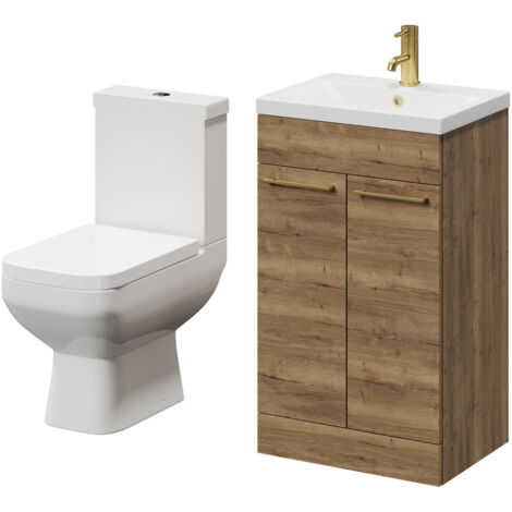 Wholesale Domestic Turin Tobacco Oak 500mm Floor Standing Vanity Unit and Toilet Suite with 1 Tap Hole Glide Basin and 2 Doors with Brushed Brass Handles