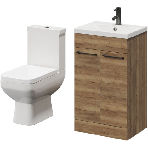 Wholesale Domestic Turin Tobacco Oak 500mm Floor Standing Vanity Unit and Toilet Suite with 1 Tap Hole Glide Basin and 2 Doors with Gunmetal Grey Handles
