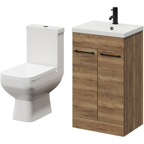 Wholesale Domestic Turin Tobacco Oak 500mm Floor Standing Vanity Unit and Toilet Suite with 1 Tap Hole Glide Basin and 2 Doors with Matt Black Handles