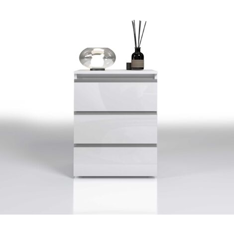 WHOUS - Comodino MAGIC con Luce LED Bianca 50x40x65 cm - Comodino Moderno con 3 Cassetti e Manici in Alluminio - Comodino in Legno Riciclato Bianco Lucido
