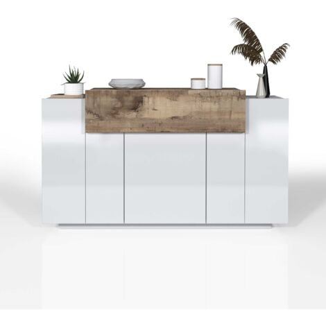 WHOUS - Credenza CORONA per Soggiorno LxH 140x85 cm Doppia Profondità - Madia Soggiorno Moderna con 3 ante e 1 a Ribalta - Credenza Bianco Lucido/Acero Pereira