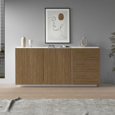 WHOUS Credenza Coste a 2 ante e 3 cassetti bianco opaco e legno chiaro 180x43x86 cm