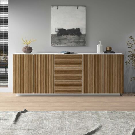 WHOUS Credenza Coste a 4 ante e 3 cassetti bianco opaco e legno chiaro 220,1x43x86 cm