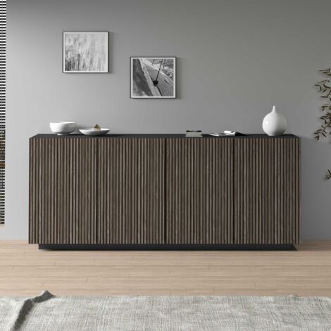 WHOUS Credenza Coste a 4 ante effetto cannetè antracite opaco e legno scuro 200x43x86 cm