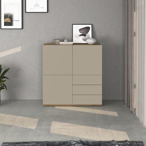 WHOUS Credenza Garda a 3 ante e 3 cassetti tortora opaco e rovere 102x35x110 cm