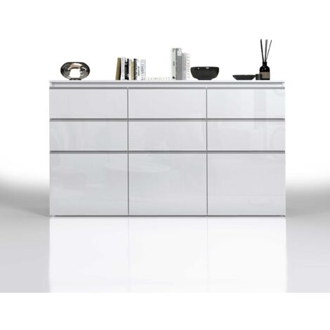 WHOUS - Credenza MAGIC per Soggiorno 180x40x105 cm - Cassettiera 3 Ante e 6 Cassetti - Credenza in Legno Riciclato Facile da Montare - Comò Camera da Letto Bianco Lucido