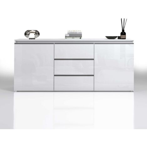 WHOUS - Credenza MAGIC per Soggiorno 180x40x80 cm - Cassettiera 2 Ante e 3 Cassetti - Madia Soggiorno Moderna in Legno Riciclato - Comò Camera da Letto Bianco Lucido