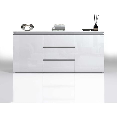 WHOUS Credenza MAGIC per Soggiorno con 2 Ante e 3 Cassetti, Madia per Salotto e Sala da Pranzo in Legno, 150x40x80 cm, Bianco Lucido