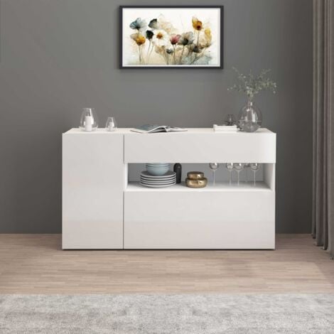 WHOUS - Credenza e Buffet POTENZA Senza Maniglie 140x40x81 cm - Madia Soggiorno 1 Anta, 1 a Ribalta e 1 Cassetto - Mobile Credenza Soggiorno Bianca