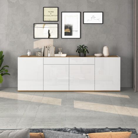 WHOUS Madia Garda a 4 ante e 2 cassetti bianco lucido e rovere 200x35x71 cm