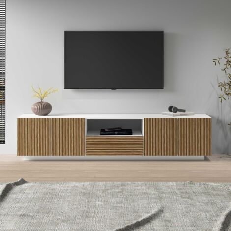 WHOUS Mobile porta tv Coste a 4 ante 1 cassetto e 1 vano bianco/legno chiaro 220,1x43x46 cm