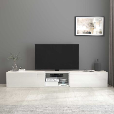 WHOUS Mobile porta tv Egypt a 2 ante e 2 ripiani in vetro bianco lucido 240x38x35 cm