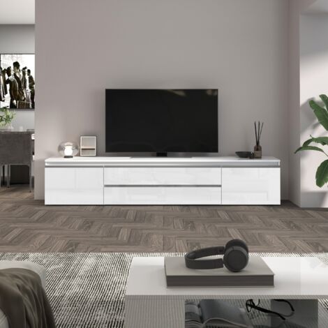 WHOUS Mobile porta TV Magic con 2 ante laterali 2 cassetti centrali bianco lucido 240x40x55 cm