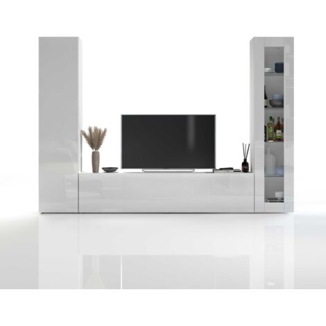 WHOUS - Parete Attrezzata MARUSKA 3 Mobili - 1 Colonna Armadio con Anta Battente, 1 Vetrina con Anta a Telaio in Vetro, e 1 Mobile TV - Set da Soggiorno Bianco