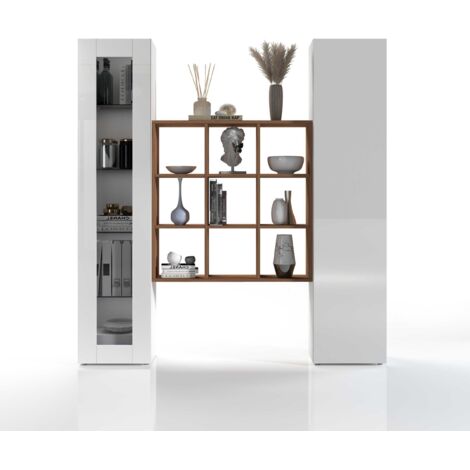 WHOUS - Parete Attrezzata MARUSKA 3 Mobili da Terra o Sospesa - 1 Libreria a 9 Scomparti, 1 Vetrina e 1 Colonna Armadio - Set da Soggiorno Bianco Lucido