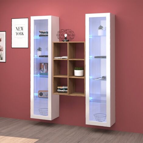 WHOUS - Parete Attrezzata MARUSKA 3 Mobili Sospesa - 2 Vetrine a Colonna e 1 Libreria a 6 Scomparti - Set da Soggiorno Bianco - Dimensioni Ingombri 140x30x180 cm
