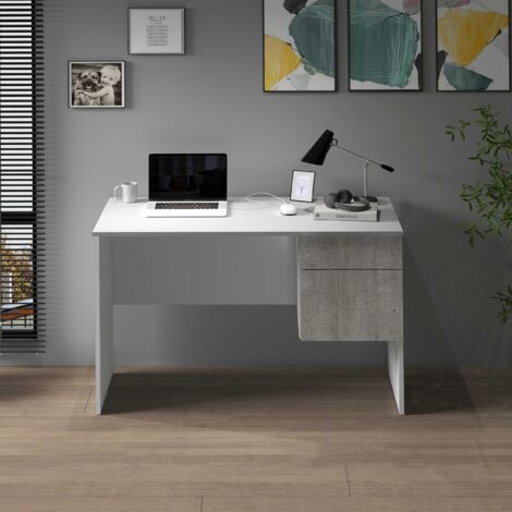 WHOUS Scrivania Easy 1 anta e 1 cassetto bianco opaco e cemento 110x50x75 cm
