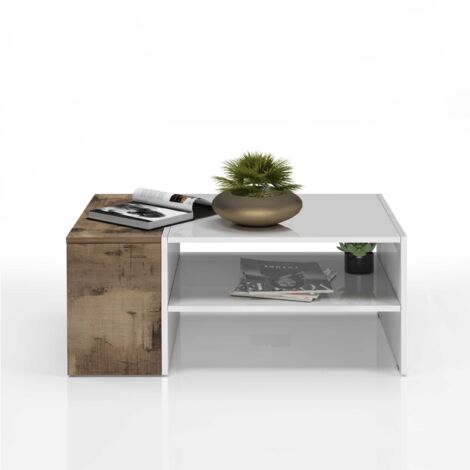 WHOUS - Tavolino da Caffè per Soggiorno CORONA 90x60x40 cm - Tavolino Salotto con Vano Contenitivo - Tavolino Da Caffe Moderno Facile da Montare - Tavolino Soggiorno Bianco/Acero Pereira