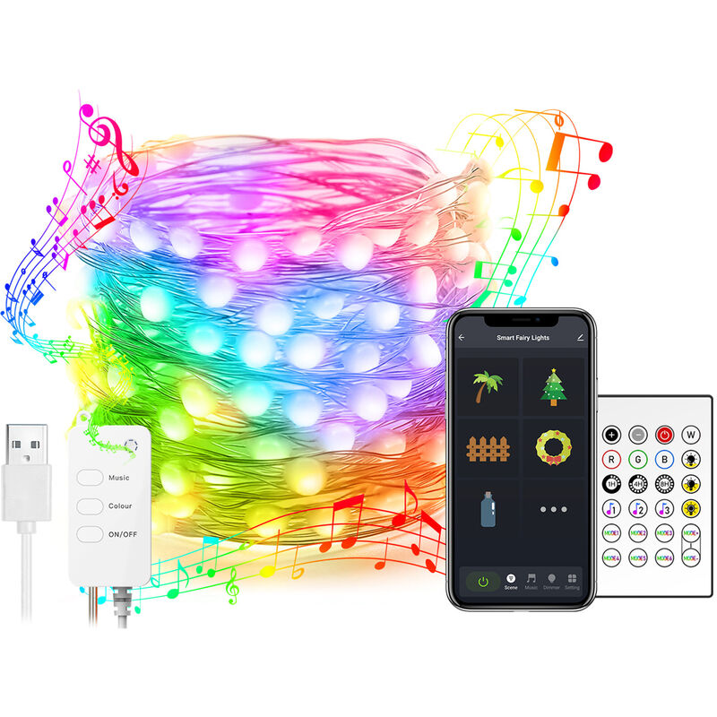 

Wi-Fi BT Smart USB Luz de alambre de cobre LED Cadena de luz Aplicacion de 16 millones de colores Control de voz RGB Luces de sincronizacion musical