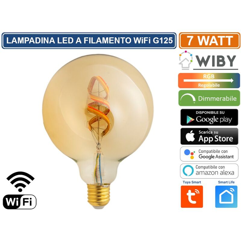 Image of Lampadina led G125 E27 a filamento 4.9W wifi gestibile da app dimmerabile colore luce regolabile RGB+1800K tuya smart life - Wiby