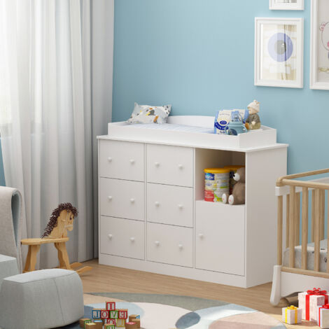 FUFU&GAGA Wickelkommode mit Wichelaufsatz,Wickeltisch,Babykommode mit 6 Schubladen+1Tür,Babymöbel,Ablagefläche, Aufbewahrung,für Babyzimmer,Schlafzimmer,weiß,136x47x100cm