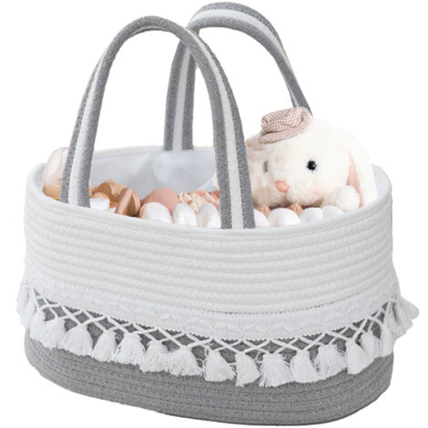 [Wickelkorb] [Handgefertigt] Baby-Aufbewahrungskorb mit herausnehmbarem Netz, Aufbewahrungsmöglichkeiten für Spielzeug und Zubehör, tragbar mit Fransen, 36x22x18cm elliptisches Modell aus hellgrauem o