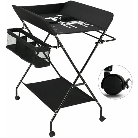 Wickeltisch Wickeltischauflage Mit 3 Fächer Wickelkommode Baby Wickelkombi Wickelauflage Klappbar Schwarz mit Rädern