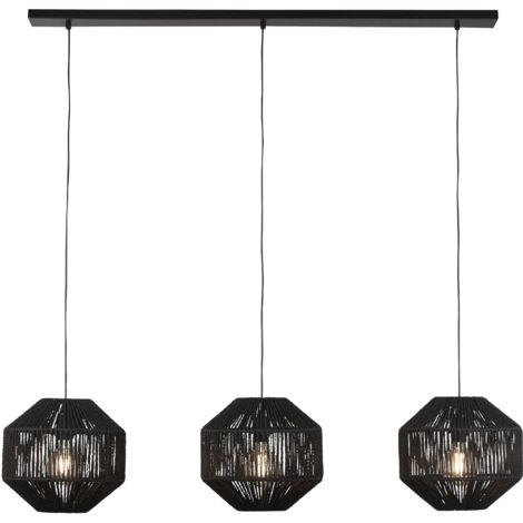 WICKER 3LT Suspension barre metal noir mat, abatjour corde naturelle Noir E27 Max 3x60w L130cm