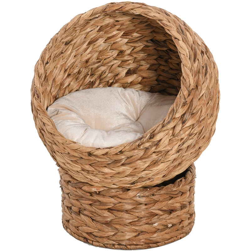 PawHut Wicker Cat House, Raised Cat Bed with Cushion Light Brown