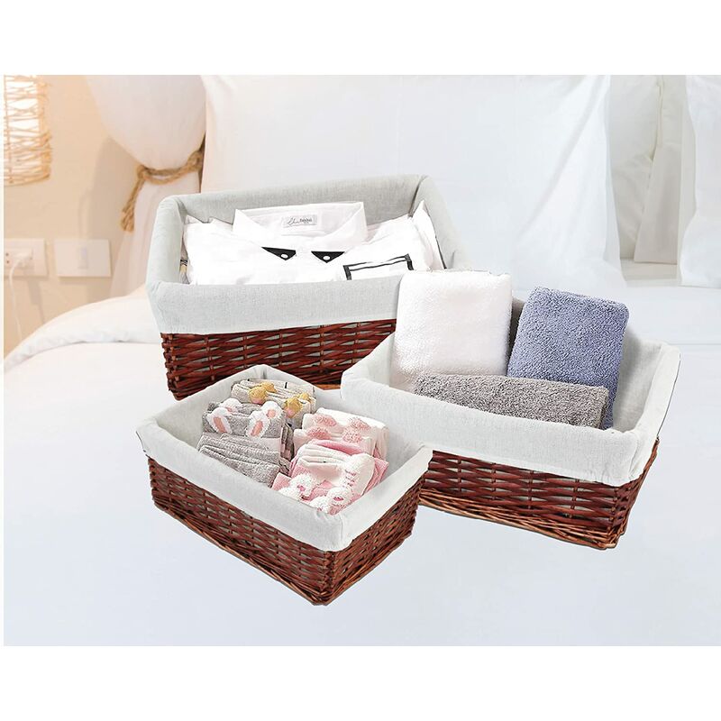 Wicker Storage Basket Set of 3 with Washable Cloth Liners Brown/White Handmade Decorative Baskets Set Multi-Use Storage for Bathroom, Kitchen,